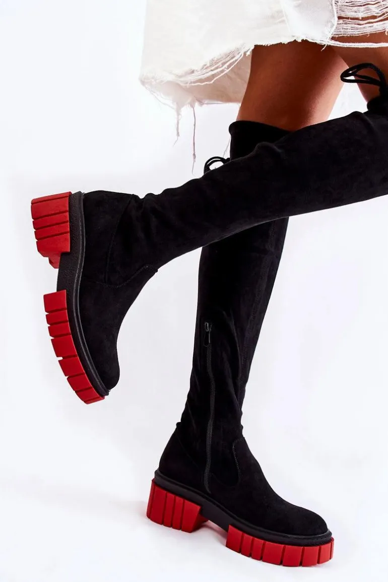 Zamszowe Damskie Kozaki Za Kolano Czarno-Czerwone Cheera