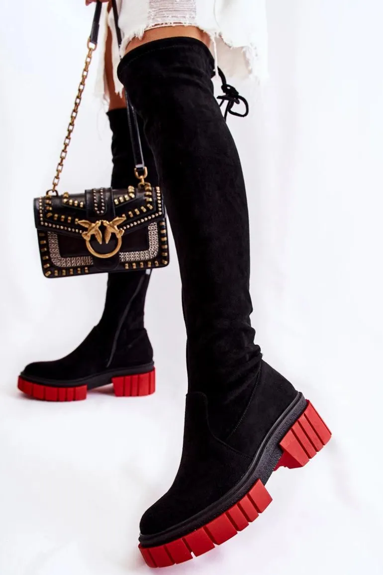 Zamszowe Damskie Kozaki Za Kolano Czarno-Czerwone Cheera