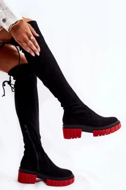 Zamszowe Damskie Kozaki Za Kolano Czarno-Czerwone Cheera