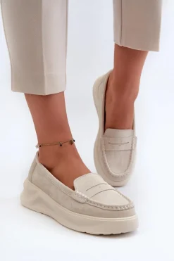 Zamszowe Damskie Mokasyny Jasnobeżowe Filidia