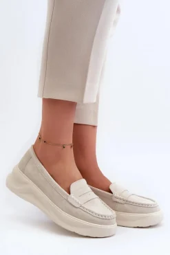 Zamszowe Damskie Mokasyny Jasnobeżowe Filidia