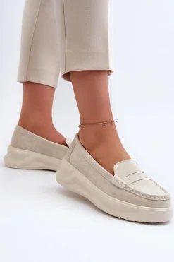 Zamszowe Damskie Mokasyny Jasnobeżowe Filidia