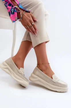 Zamszowe Damskie Mokasyny Jasnobeżowe Filidia