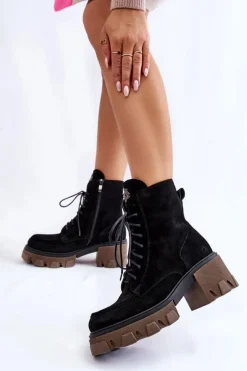 Zamszowe Damskie Ocieplane Botki Trapery Czarne Lemar Rehin