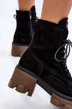 Zamszowe Damskie Ocieplane Botki Trapery Czarne Lemar Rehin