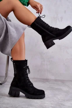 Zamszowe Damskie Ocieplane Botki Czarne Hermesa