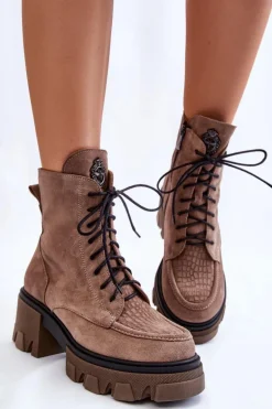 Zamszowe Damskie Ocieplane Botki Trapery Jasnobrązowe Lemar Rehin