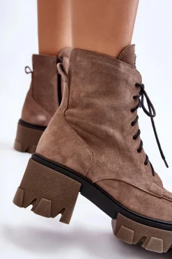 Zamszowe Damskie Ocieplane Botki Trapery Jasnobrązowe Lemar Rehin