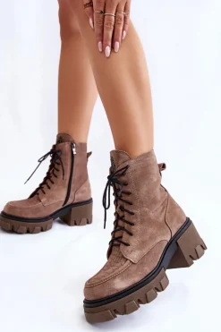 Zamszowe Damskie Ocieplane Botki Trapery Jasnobrązowe Lemar Rehin