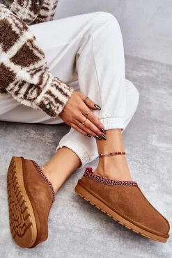 Zamszowe Damskie Papcie Z Futerkiem Camel Buffie