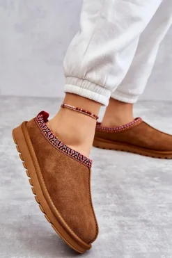 Zamszowe Damskie Papcie Z Futerkiem Camel Buffie