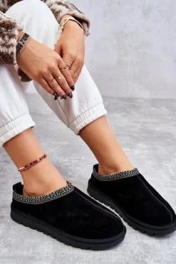 Zamszowe Damskie Papcie Z Futerkiem Czarne Buffie