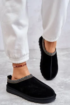 Zamszowe Damskie Papcie Z Futerkiem Czarne Buffie