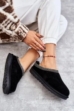 Zamszowe Damskie Papcie Z Futerkiem Czarne Buffie