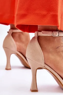 Zamszowe Damskie Sandały Na Obcasie Beżowe Rousses