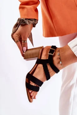 Zamszowe Damskie Sandały Na Słupku Czarne Elora