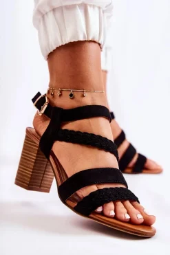 Zamszowe Damskie Sandały Na Słupku Czarne Elora