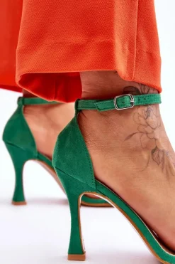 Zamszowe Damskie Sandały Na Obcasie Zielone Rousses