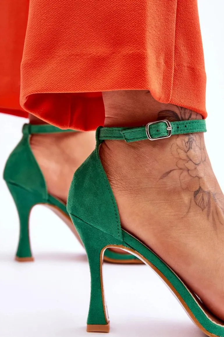 Zamszowe Damskie Sandały Na Obcasie Zielone Rousses