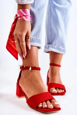 Zamszowe Damskie Sandały Na Obcasie Czerwone Luciana