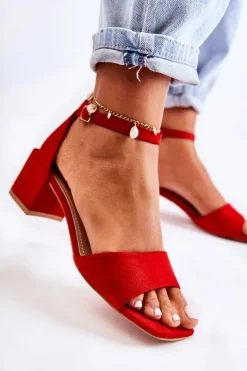 Zamszowe Damskie Sandały Na Obcasie Czerwone Luciana