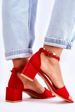 Zamszowe Damskie Sandały Na Obcasie Czerwone Luciana