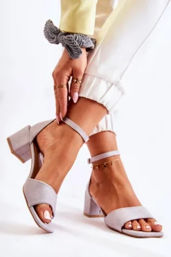 Zamszowe Damskie Sandały Na Obcasie Szare Luciana