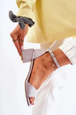 Zamszowe Damskie Sandały Na Obcasie Szare Luciana