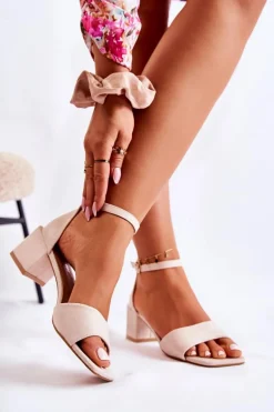 Zamszowe Damskie Sandały Na Obcasie Beżowe Luciana