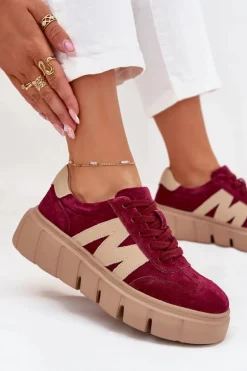 Zamszowe Damskie Sneakersy Na Platformie Vinceza 79561 Bordowe