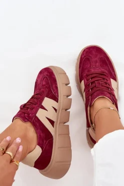 Zamszowe Damskie Sneakersy Na Platformie Vinceza 79561 Bordowe