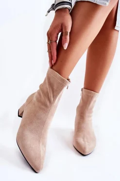 Zamszowe Damskie Wysokie Botki Beżowe Gloriss