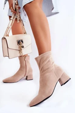 Zamszowe Damskie Wysokie Botki Beżowe Gloriss