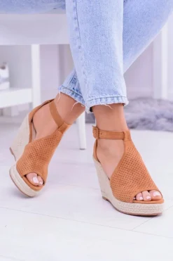 Zamszowe Espadryle Sandały Na Koturnie Camel Sunlast