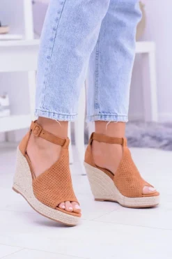 Zamszowe Espadryle Sandały Na Koturnie Camel Sunlast