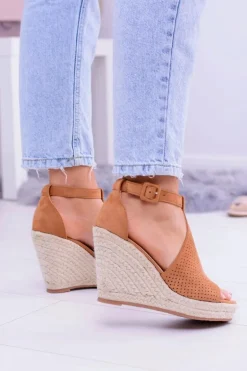 Zamszowe Espadryle Sandały Na Koturnie Camel Sunlast