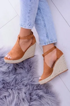 Zamszowe Espadryle Sandały Na Koturnie Camel Sunlast