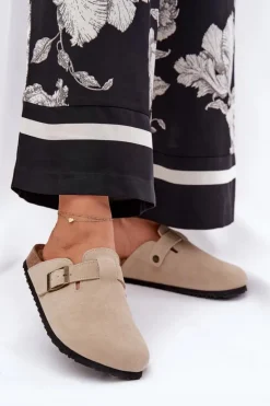 Zamszowe Klapki Chodaki Damskie Z Klamrą Big Star RR274A385 Beżowe