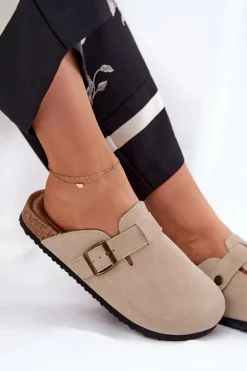 Zamszowe Klapki Chodaki Damskie Z Klamrą Big Star RR274A385 Beżowe