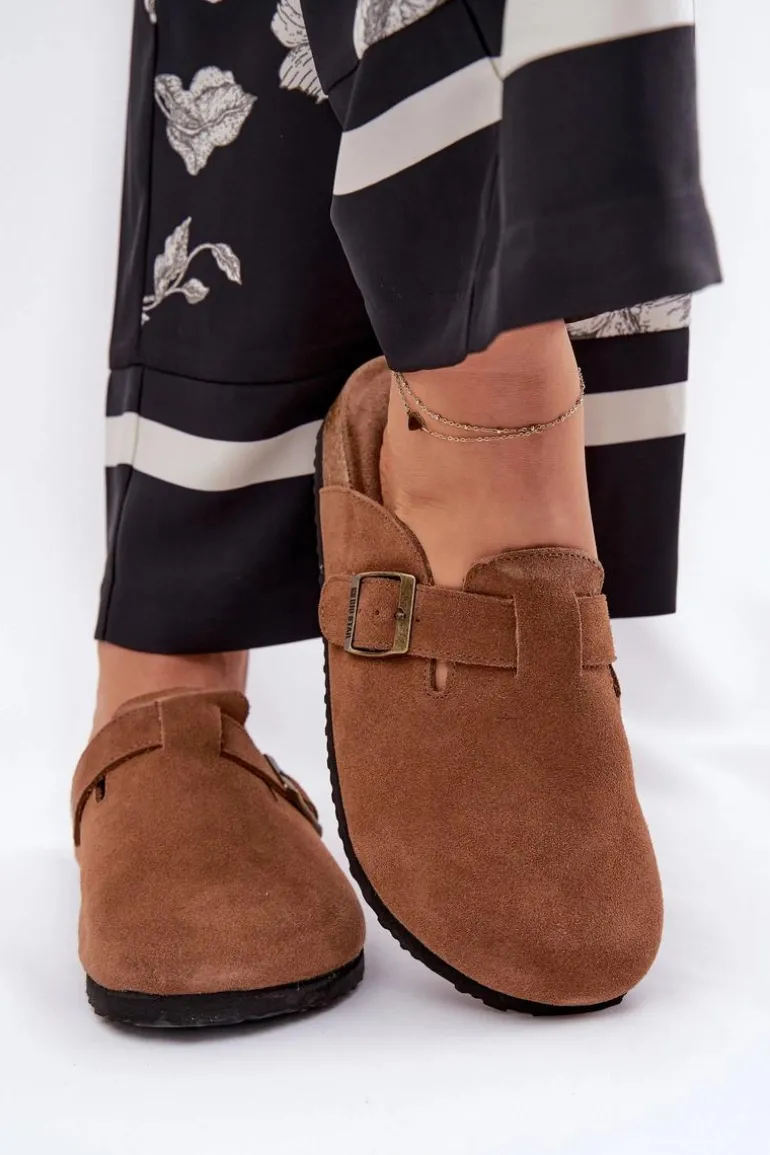 Zamszowe Klapki Chodaki Damskie Z Klamrą Big Star RR274A387 Brązowe