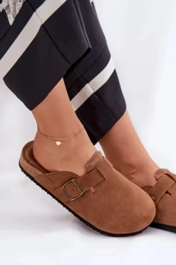 Zamszowe Klapki Chodaki Damskie Z Klamrą Big Star RR274A387 Brązowe