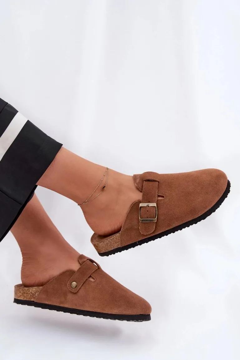 Zamszowe Klapki Chodaki Damskie Z Klamrą Big Star RR274A387 Brązowe