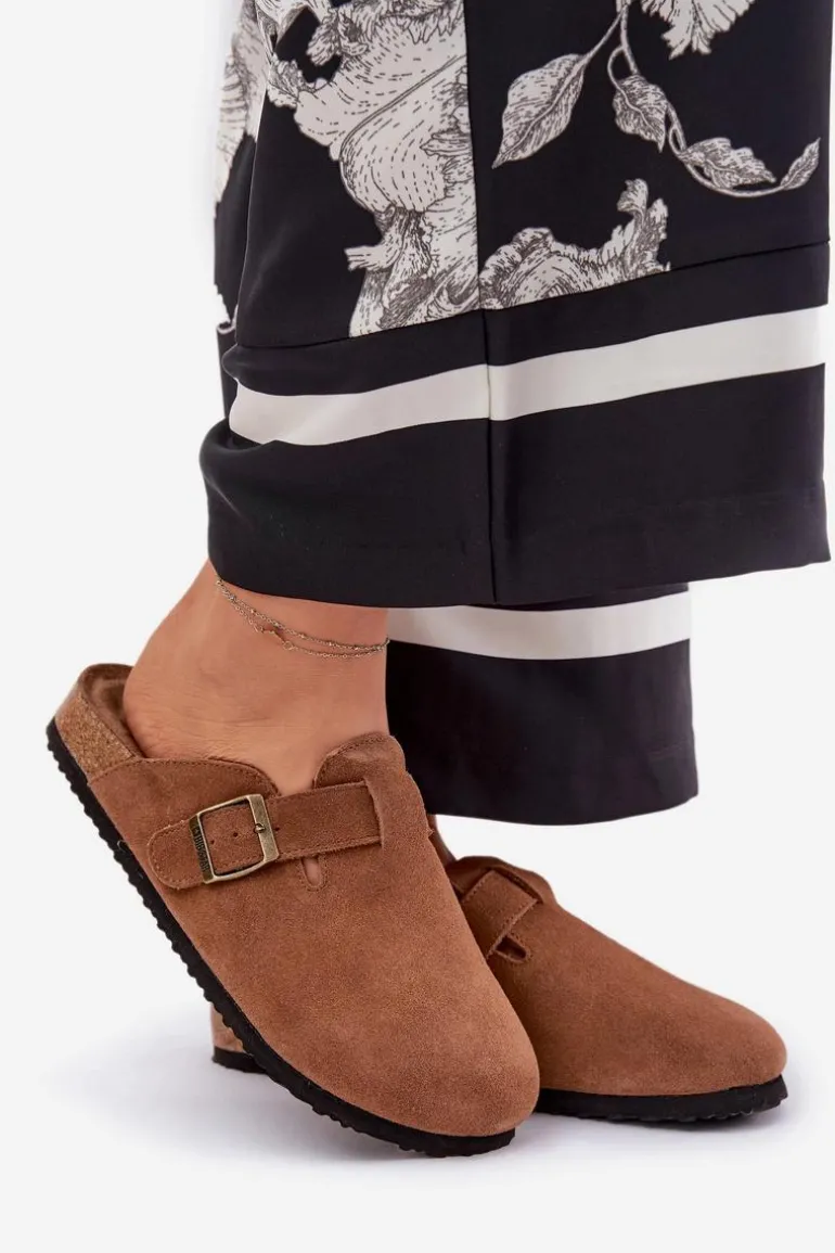 Zamszowe Klapki Chodaki Damskie Z Klamrą Big Star RR274A387 Brązowe