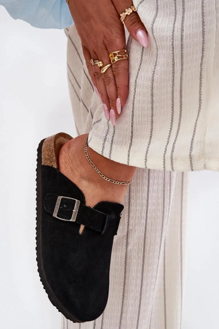 Zamszowe Klapki Chodaki Damskie Z Klamrą Big Star RR274A384 Czarne