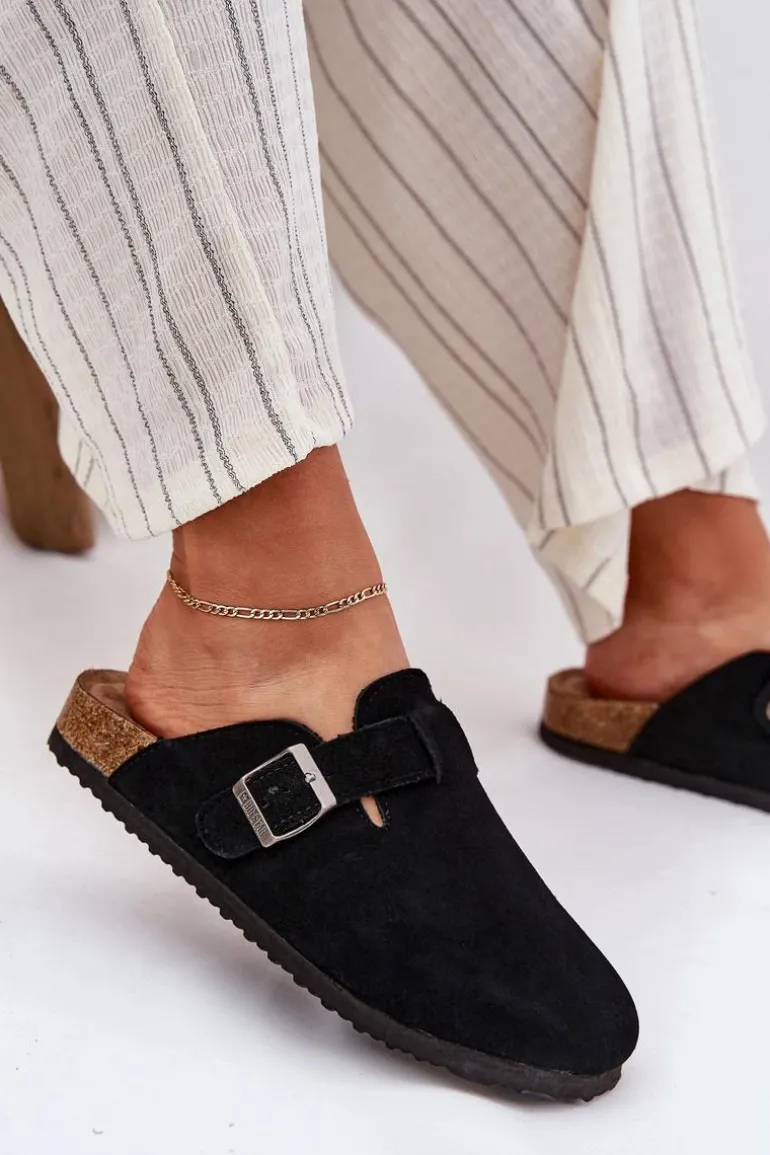 Zamszowe Klapki Chodaki Damskie Z Klamrą Big Star RR274A384 Czarne