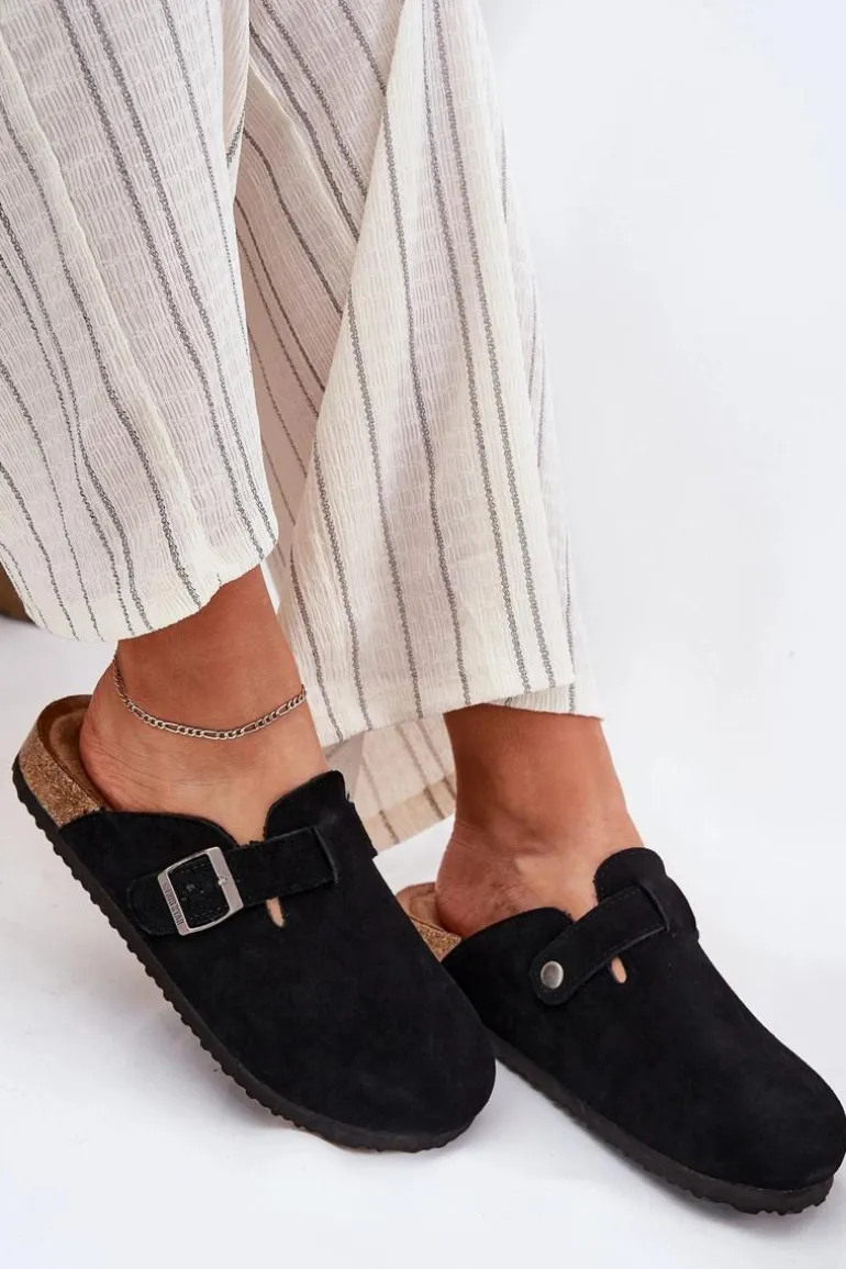 Zamszowe Klapki Chodaki Damskie Z Klamrą Big Star RR274A384 Czarne