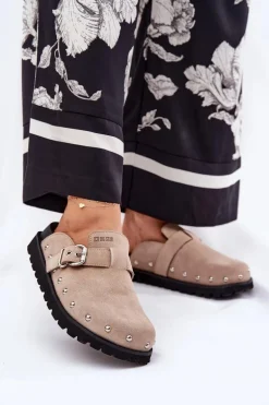 Zamszowe Klapki Chodaki Damskie Na Platformie Big Star RR274A376 Beżowe