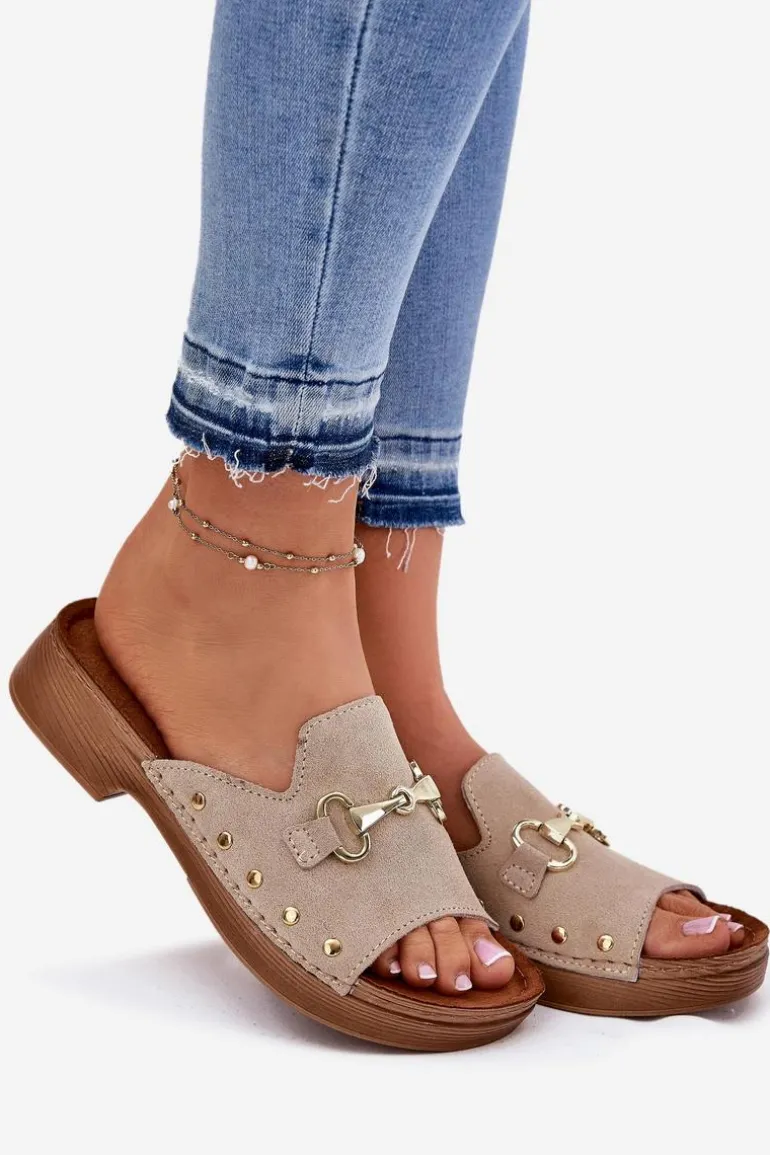 Zamszowe Klapki Damskie Inblu TF0002KU Beżowe