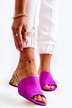 Zamszowe Klapki Damskie Na Obcasie Fuksja Perry