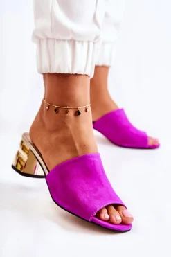 Zamszowe Klapki Damskie Na Obcasie Fuksja Perry